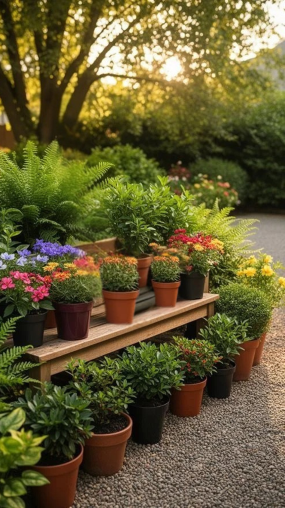 Colorful potted plants arranged on a wooden shelf in a garden, surrounded by lush greenery and sunlight, creating a vibrant outdoor atmosphere.