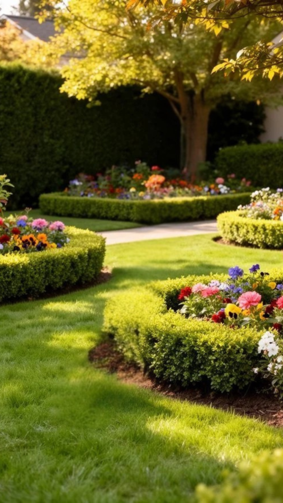 Lush garden with vibrant flower beds and neatly trimmed hedges, surrounded by green grass and trees, creating a serene outdoor atmosphere.