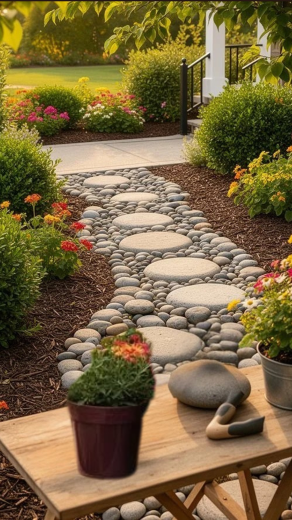 Beautiful garden pathway featuring smooth stones, colorful flowers, and decorative pots, creating a serene outdoor ambiance perfect for landscaping inspiration.