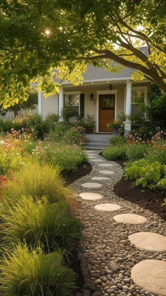 Charming front yard pathway lined with stepping stones, colorful flowers, and lush greenery leading to a welcoming home entrance. Ideal for garden enthusiasts.