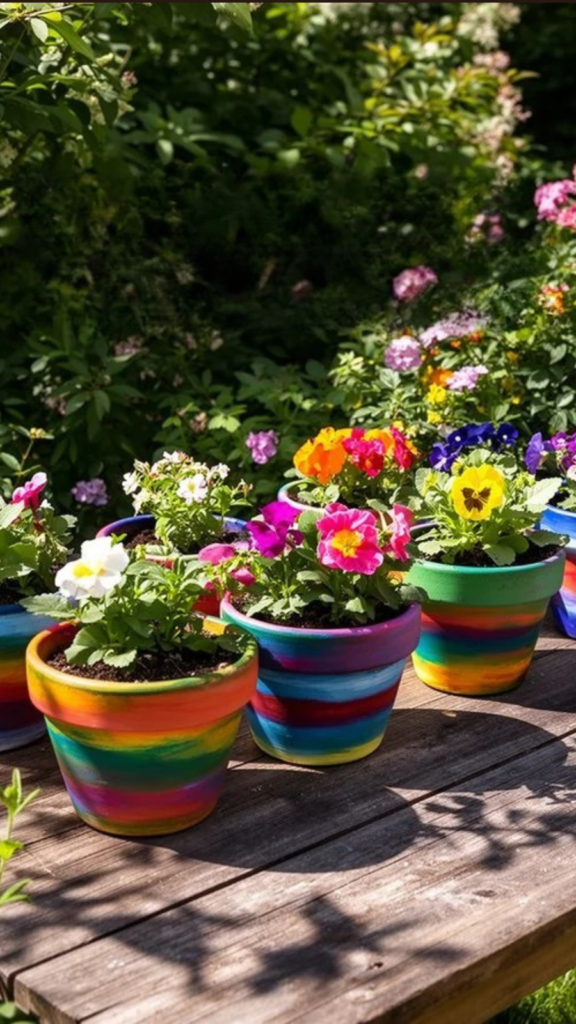 Colorful flower pots with vibrant blooms arranged on a wooden table, surrounded by lush greenery and garden flowers. Perfect for gardening enthusiasts.