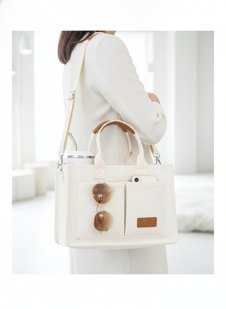 Stylish cream handbag with brown leather accents, featuring sunglasses and a phone pocket, perfect for everyday use and fashion-forward looks.
