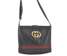 Authentic GUCCI Vintage Web Sherry Line Shoulder Bag GG Leather Black AA811