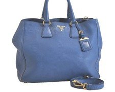 Authentic PRADA Vintage Leather 2Way Hand Shoulder Cross Body Bag Blue 148AA