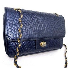 BALLY Shoulder bag Quilted Leather Chain Navy Vintage Authentic From Japan