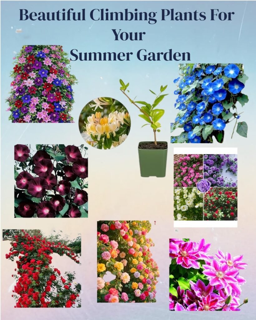 Vibrant climbing plants for summer gardens, featuring colorful flowers like morning glories, bougainvillea, and petunias for a stunning outdoor display.