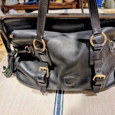 Dooney & Bourke Large Black Florentine Satchel Bag, Tassels, Zip, Gold Hardware
