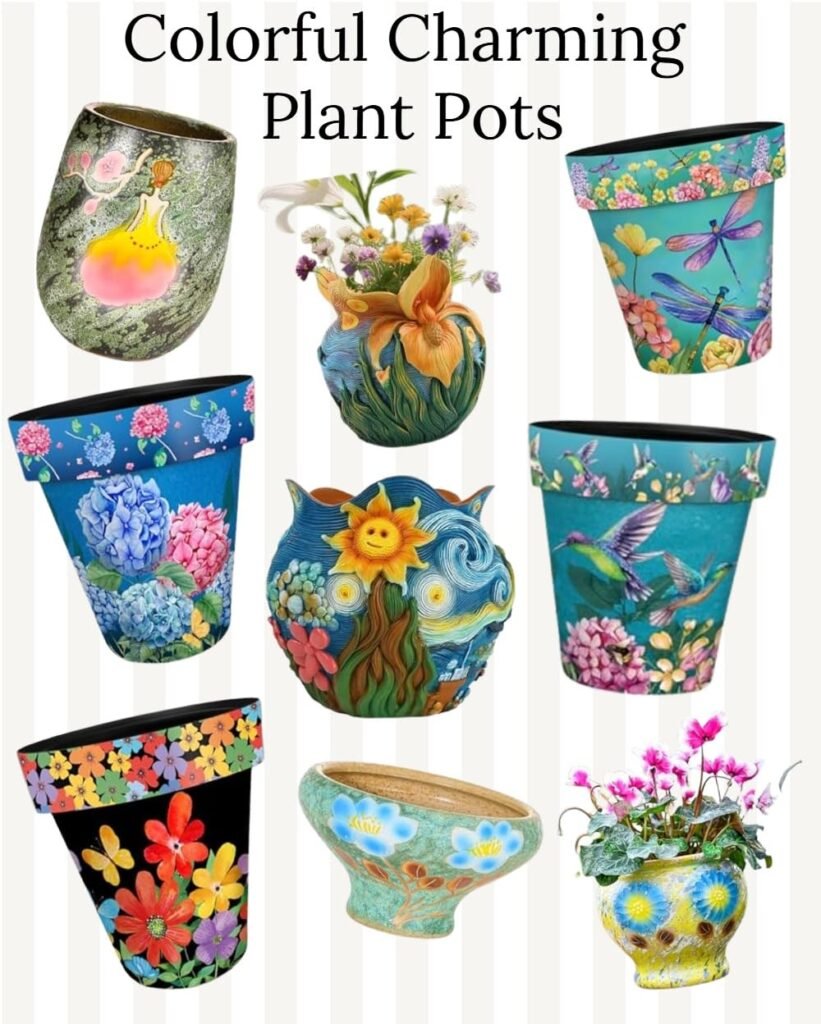 Colorful collection of charming plant pots featuring floral designs, suitable for indoor and outdoor gardening, enhancing home decor with vibrant aesthetics.