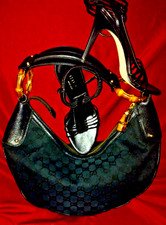 GUCCI REAL Bamboo Ring Black HoBo Bag BEAUTIFUL Vtg 2000 GG CANVAS LEATHER Trim