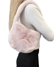 GUCCI Vintage GG Logo Faux Fur Shoulder Bag Handbag Pochette Light Pink Gold