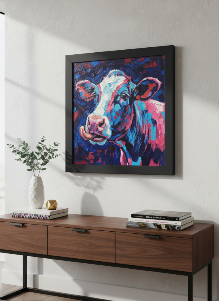 Colorful cow painting in a modern interior, showcasing vibrant hues and artistic expression, framed and displayed on a stylish wooden console table.