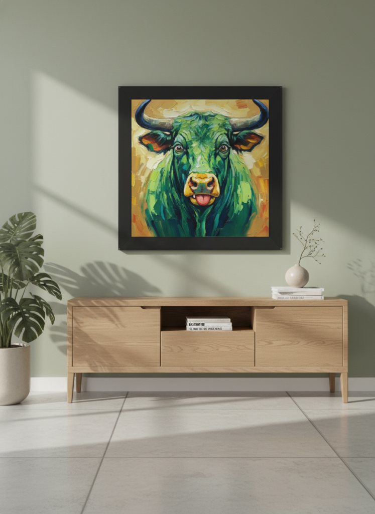 Colorful bull portrait hanging above a wooden console table in a modern living room with green walls and decorative plants.