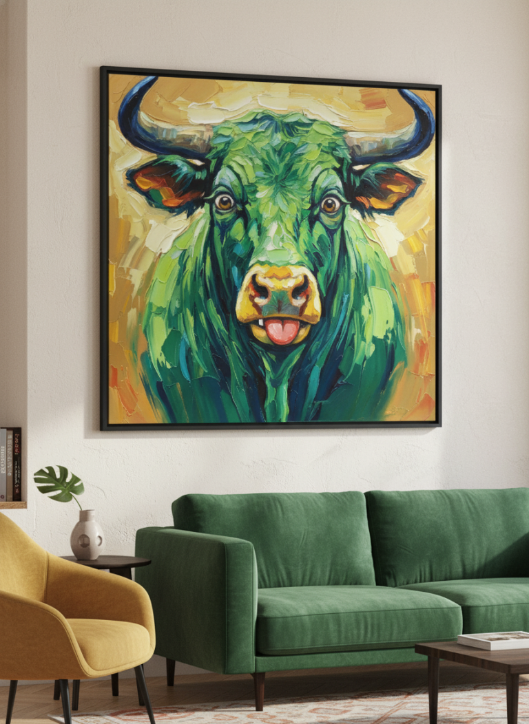 Vibrant green bull painting displayed on a wall above a green couch in a stylish living room setting with modern decor.