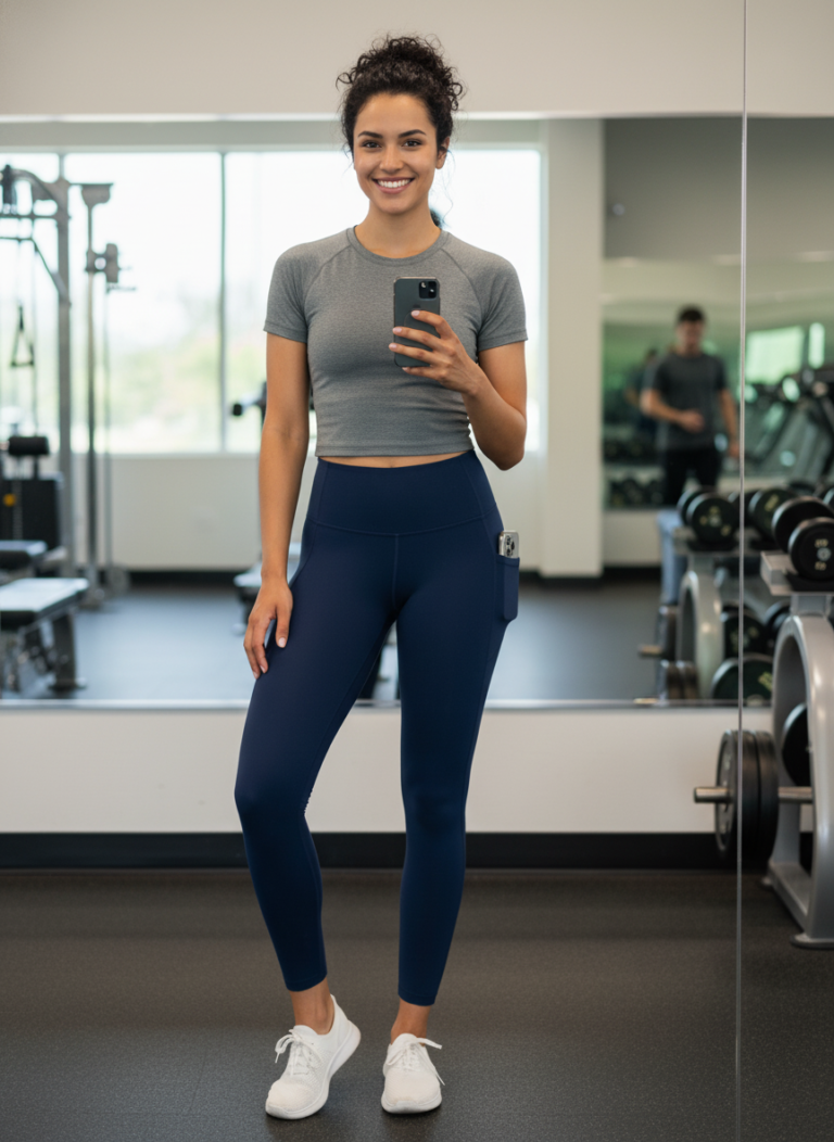 Smiling woman in activewear standing in a gym, holding a smartphone, promoting fitness and healthy lifestyle choices. Modern gym equipment visible in background.