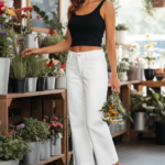 A woman in a black crop top and white jeans holds fresh flowers in a vibrant flower shop, showcasing a stylish and casual spring look.