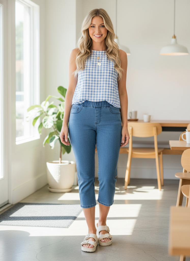 Woman in a blue gingham top and denim capri pants, smiling in a bright, modern indoor setting with plants and wooden furniture.