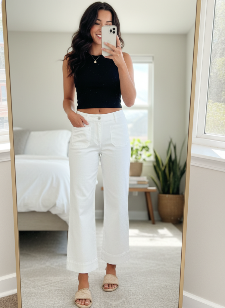 Woman in a black crop top and white wide-leg jeans smiling in a bright room with a bed and plants, showcasing a casual summer outfit.