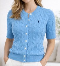 Polo Ralph Lauren Women’s Short Sleeve Cable Knit Cardigan BLUE L NWT