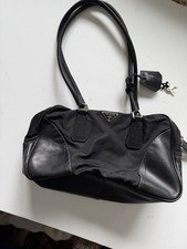 PRADA Vintage Triangle Logo Tessuto Shoulder Bag black leather trim See Photo