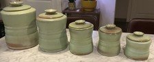 Rare Complete Set of 5 Frankoma Pottery Prairie Green Ribbed Canisters w/ Lids