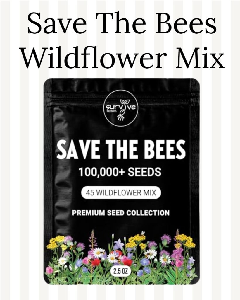 Save The Bees Wildflower Mix packet featuring over 100,000 seeds, including 45 wildflower varieties for promoting bee conservation and biodiversity.