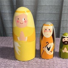 Set/4 Vintage Handmade Wood Nativity Set Christmas Nesting Dolls Perfect Cond.