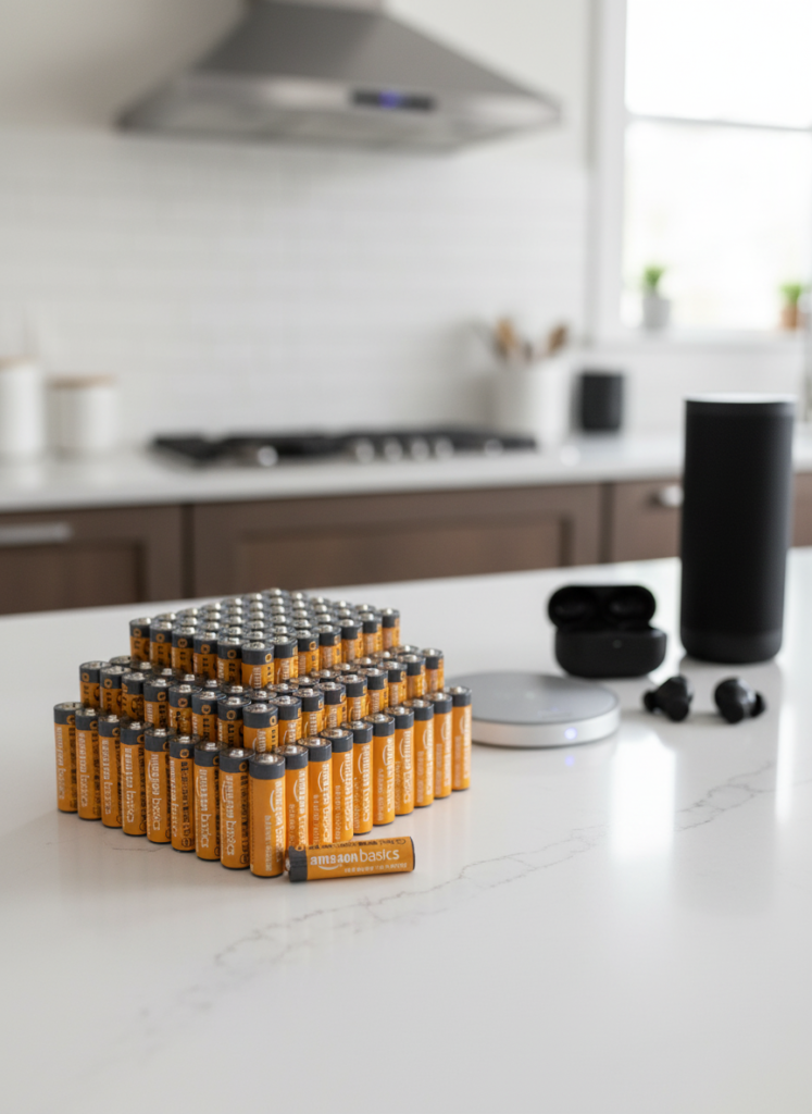 Stack of AmazonBasics batteries on a kitchen countertop, with wireless earbuds and a smart speaker in the background, showcasing organized home electronics.