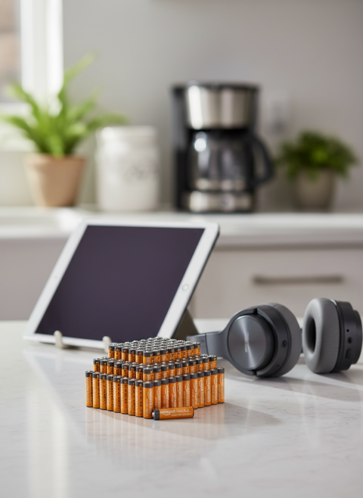 A stack of AA batteries in front of headphones and a tablet on a kitchen counter, with a coffee maker and plants in the background.