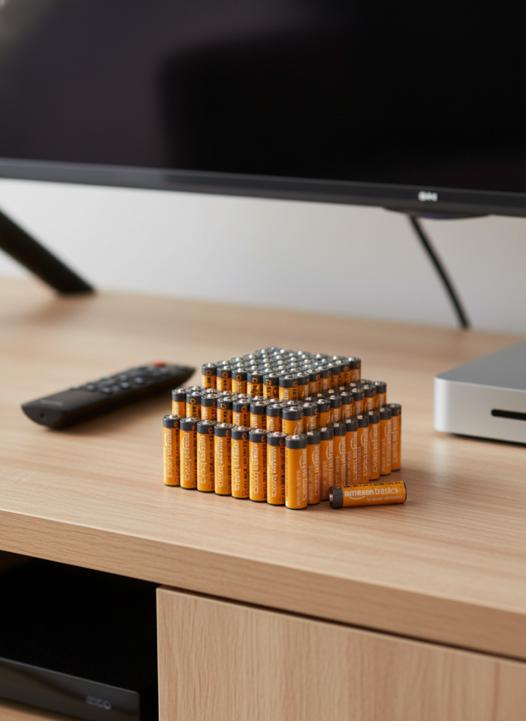 A stack of orange batteries on a wooden table beside a remote control and a computer monitor, showcasing organized battery storage.