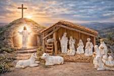 Vintage 12 Piece Fine Porcelain Nativity Set Complete With Hay Covered Stable