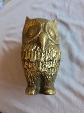 Vintage 70s Brass Owl Paperweight Retro Decor Figurine 4"