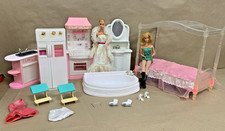 Vintage Barbie Lot Dolls Clothing Furniture Kitchen Bathroom Glow Canopy Daybed