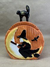Vintage Cracker Barrel Witch Moon Black Cat on Lid Halloween Orange Cookie Jar