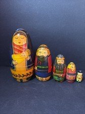 Vintage Hand Painted Wooden Nesting Dolls Nativity Mary Jesus 5 Piece Set India