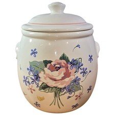 Vintage Pottery/Ceramic Floral Cookie Jar Pink Peony? & blue floral COMPLETE