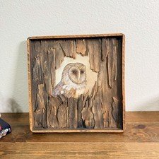 Vintage Rustic Owl Art in Wooden Bark Framed Art Cabin Decor