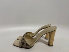 Vtg Gucci Beige Monogram Sandal Heels 38.5