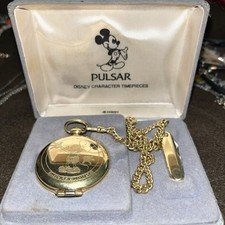 Walt Disney Mickey Mouse Gold Tone 42mm Pulsar Quartz Pocket Watch
