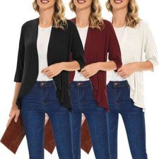 Women Lightweight Open Front Cardigans Soft Draped Ruffles 3/4 Sleeve Cardigan