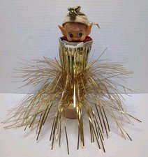 1960s VINTAGE JAPAN KNEE HUGGER CHRISTMAS ELF TREE TOPPER, HANGING TINSEL DECOR