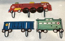 3 PC SET BOYS CHILD TRAIN METAL WALL DECOR w/ HOOKS COLORFUL 31" LONG TOTAL
