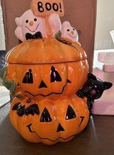 David's Cookies Halloween Cookie Jar 12" Tall Jack O Lantern BOO Cat Ghosts NEW