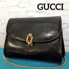 GUCCI Crossbody Shoulder Bag Black Gold Chain Strap Leather Vintage From Japan