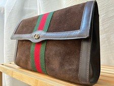 Gucci Vintage Suede Shearling GG Hardware Clutch Bag Brown Auth