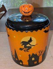Halloween Canister Cookie Jar Witch Moon Stars Bats Owl Black Cat Pumpkin