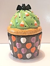 Halloween David's Cookies Cupcake Cookie Jar 7" Green Frosted Cake & Candy Corn