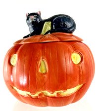 Halloween Pumpkin/Cat Cookie Jar 10" Orange Black Yellow Eyes Oneida Hollow