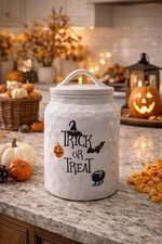 Harvest Green Studio Halloween Trick or Treat Ceramic Canister Cookie Jar EUC