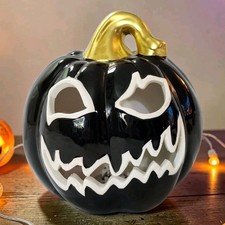 Lighted Ceramic Black, White & Gold Pumpkin Spooky Halloween 6.5"T Tested EC