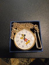 Lorus Quartz Disney Gold Tone Mickey Mouse Pocket Watch 14in Chain New